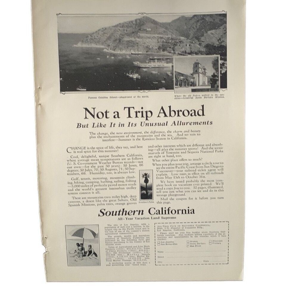 Vintage 1927 Southern California Not a Trip Abroad Ad Advertisement